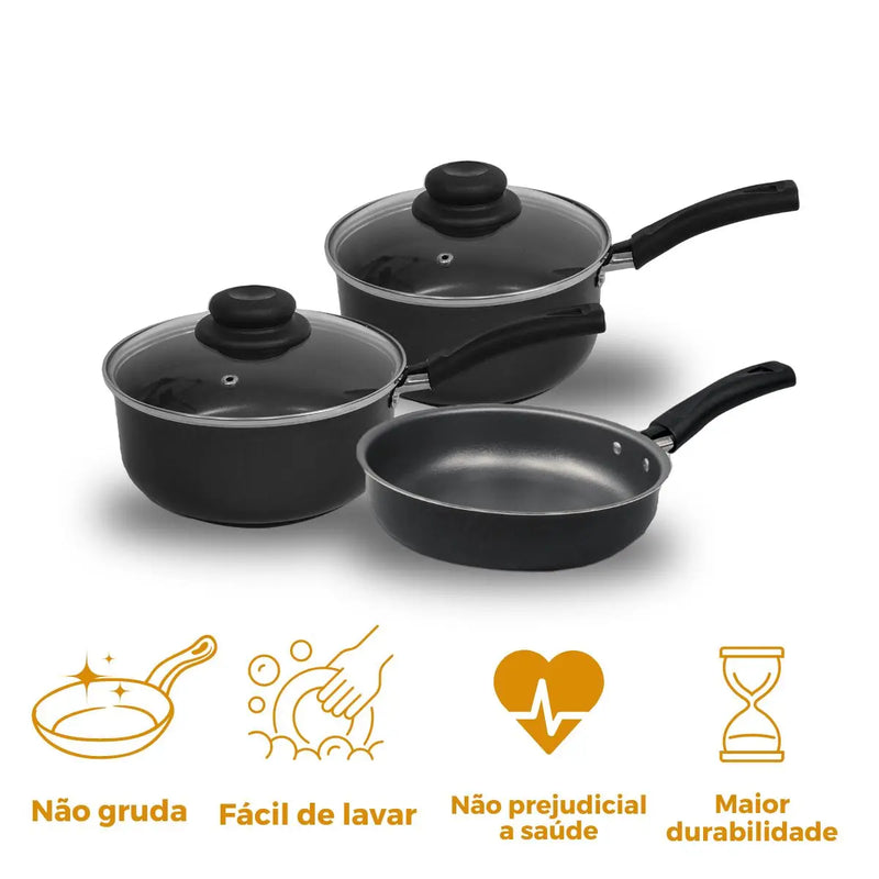 Kit de panelas antiaderentes premium coloridas de 3 peças com frigideira