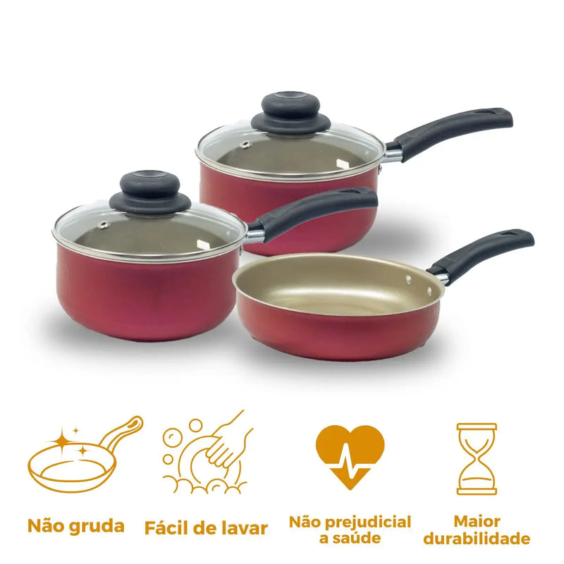 Kit de panelas antiaderentes premium coloridas de 3 peças com frigideira